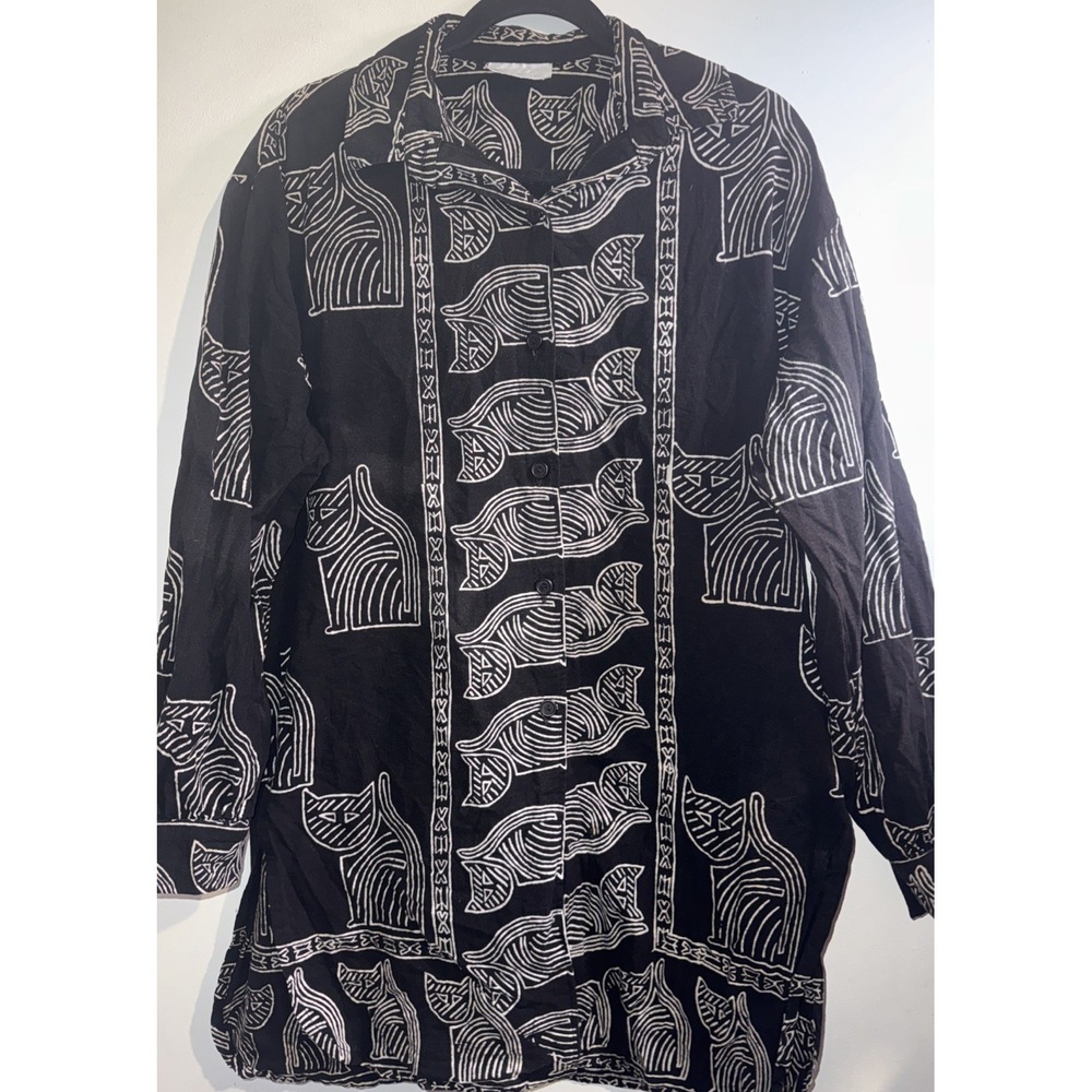 Vtg My Secret Shelf OS L Black Button Up Cat Print Tunic Top Boho Artsy Hippie